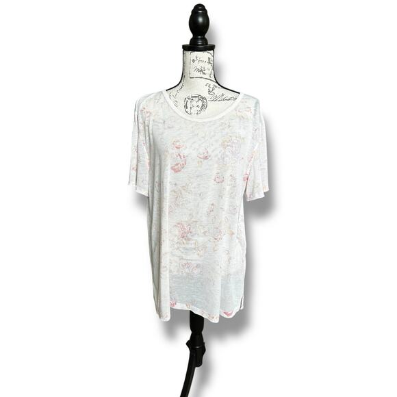 Free People Sheer Floral Tourist Tee T-shirt Oversized Large Pink Orange Flowers - Picture 1 of 8